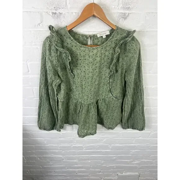 Anthropologie Eri + Ali Women's Victoria Eyelet Ruffle Blouse Top Green Size M - Picture 3 of 7